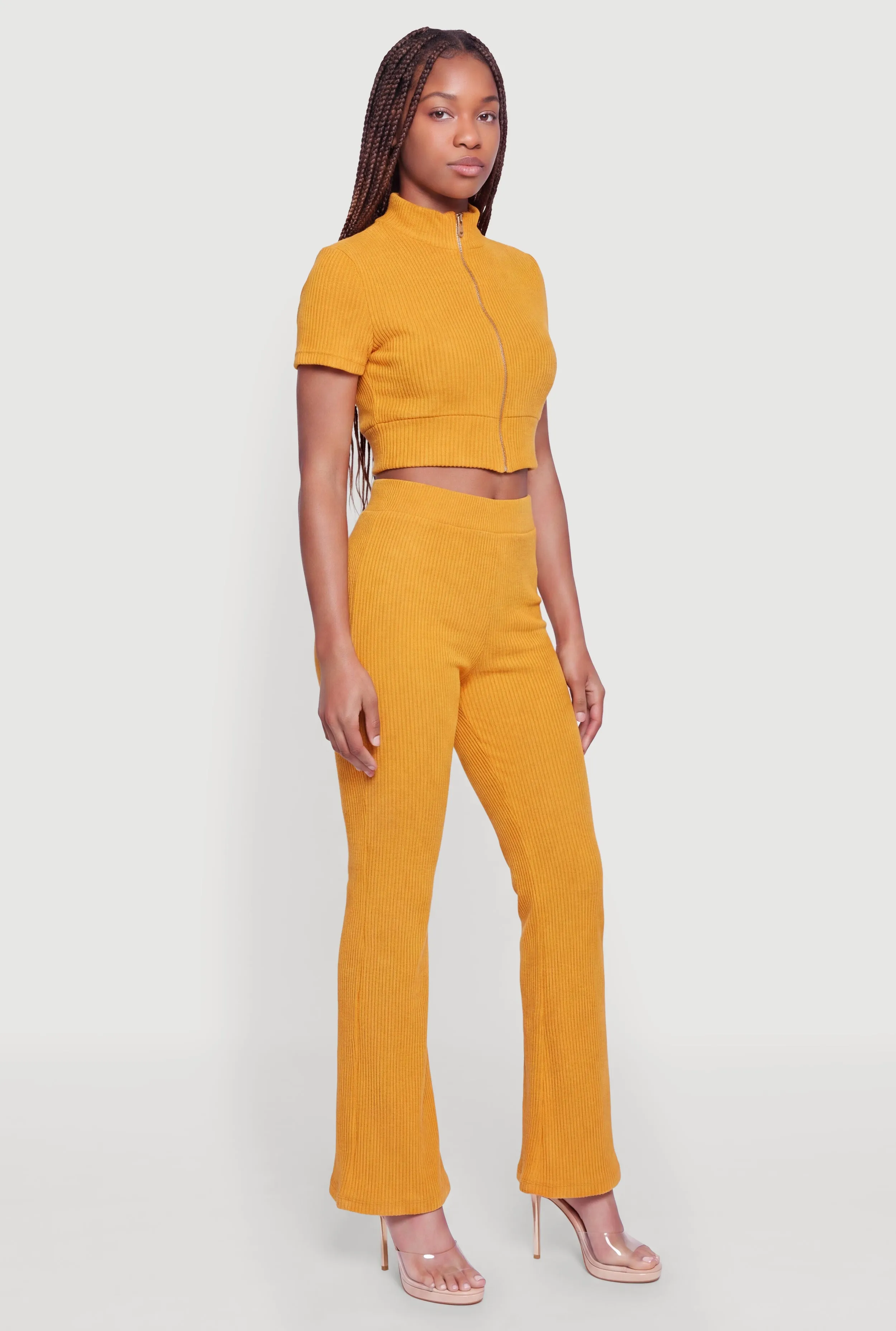 Brushed Ribbed Knit Zip Front Crop Top sold by Rainbow product image thumbnail 3