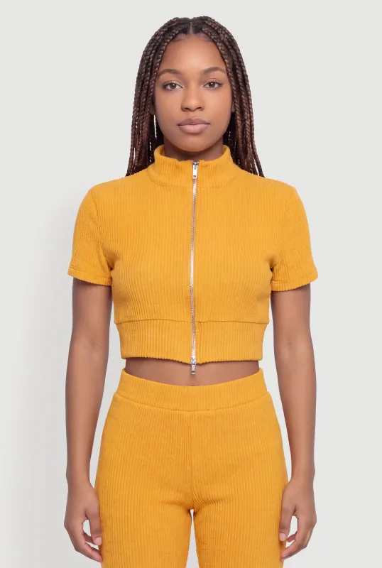 Brushed Ribbed Knit Zip Front Crop Top made by Rainbow
