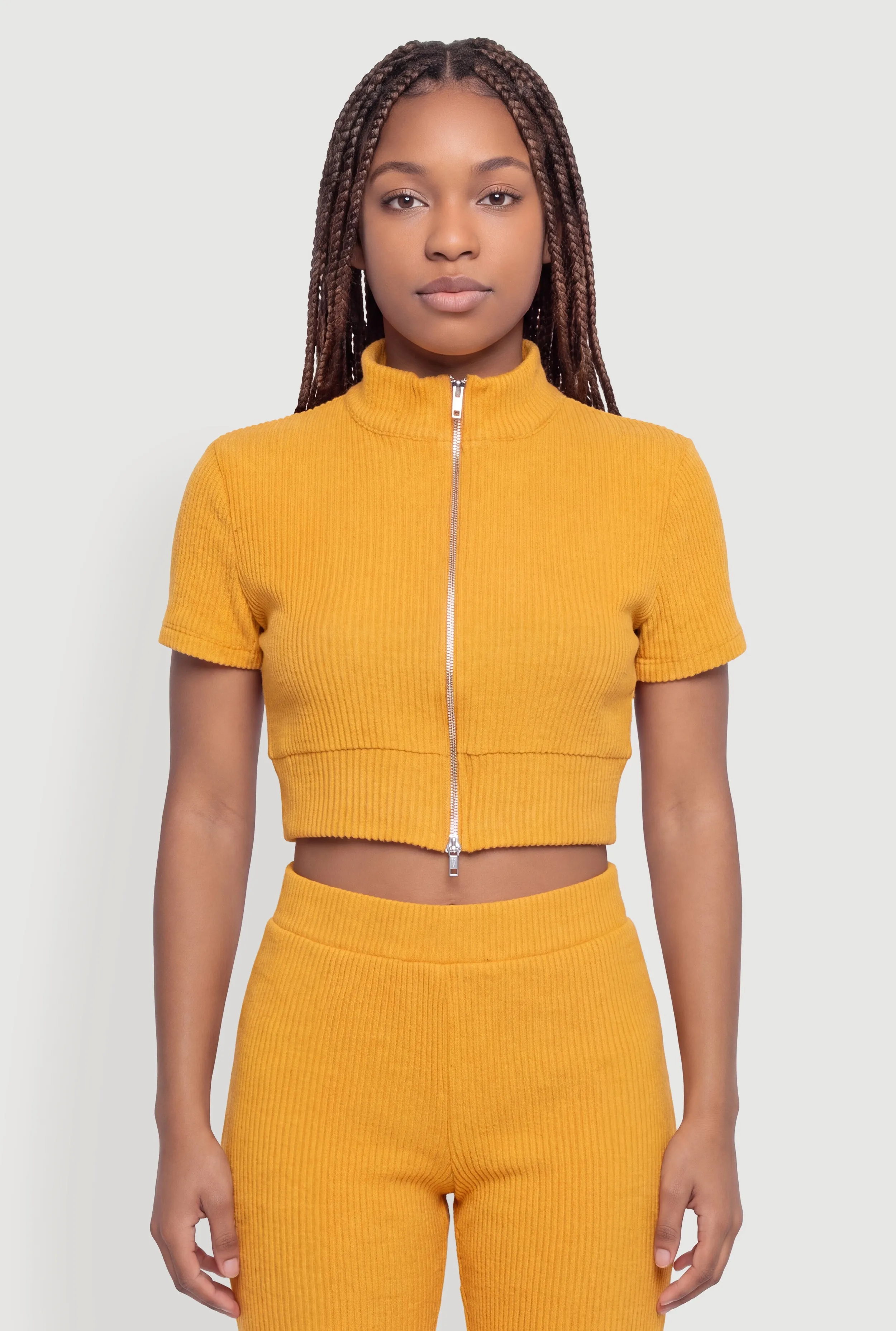 Brushed Ribbed Knit Zip Front Crop Top sold by Rainbow