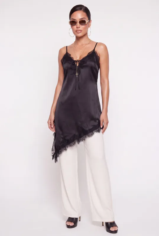 Lace Trim Satin Tie Front Asymmetrical Cami Dress made by Rainbow