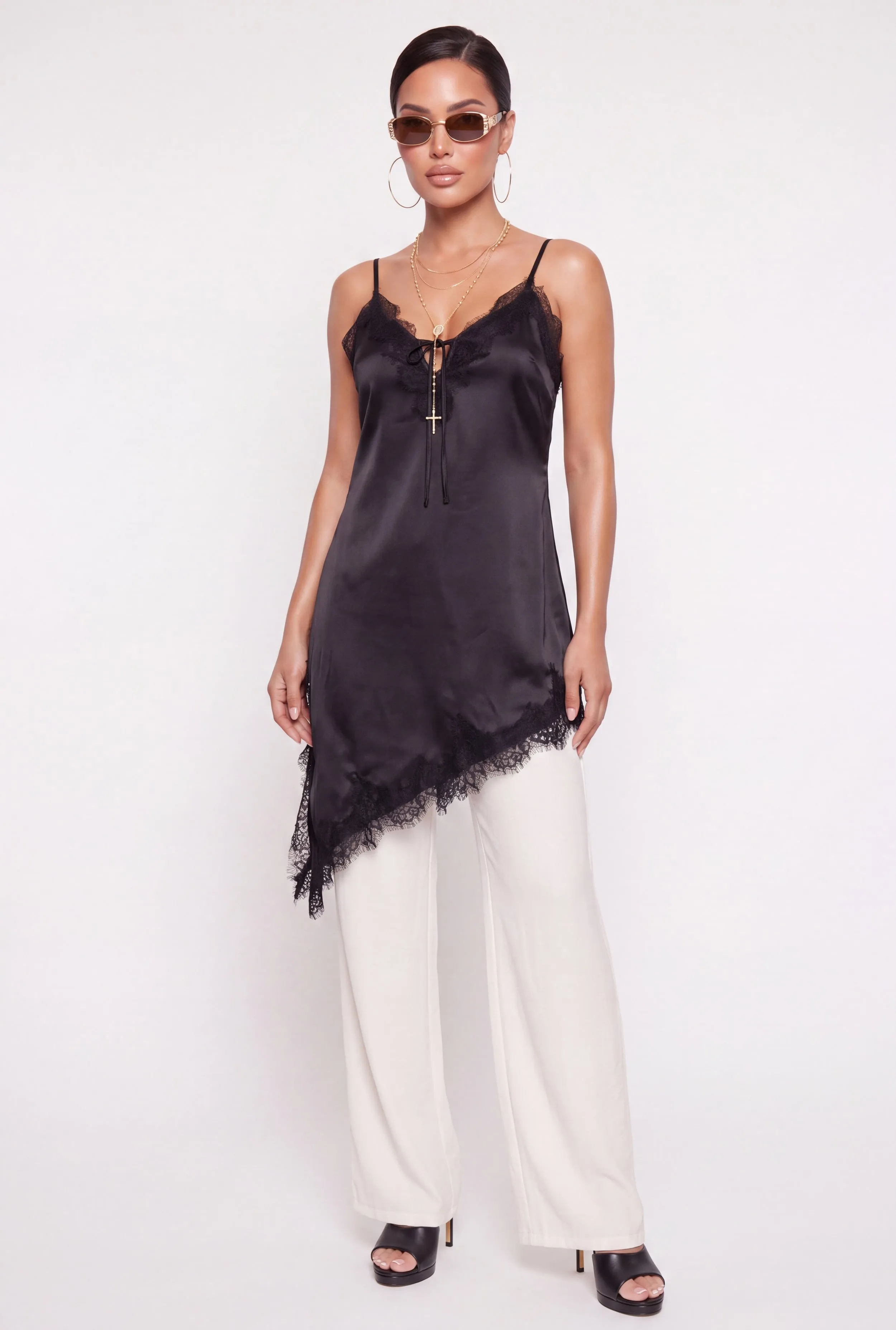 Lace Trim Satin Tie Front Asymmetrical Cami Dress sold by Rainbow