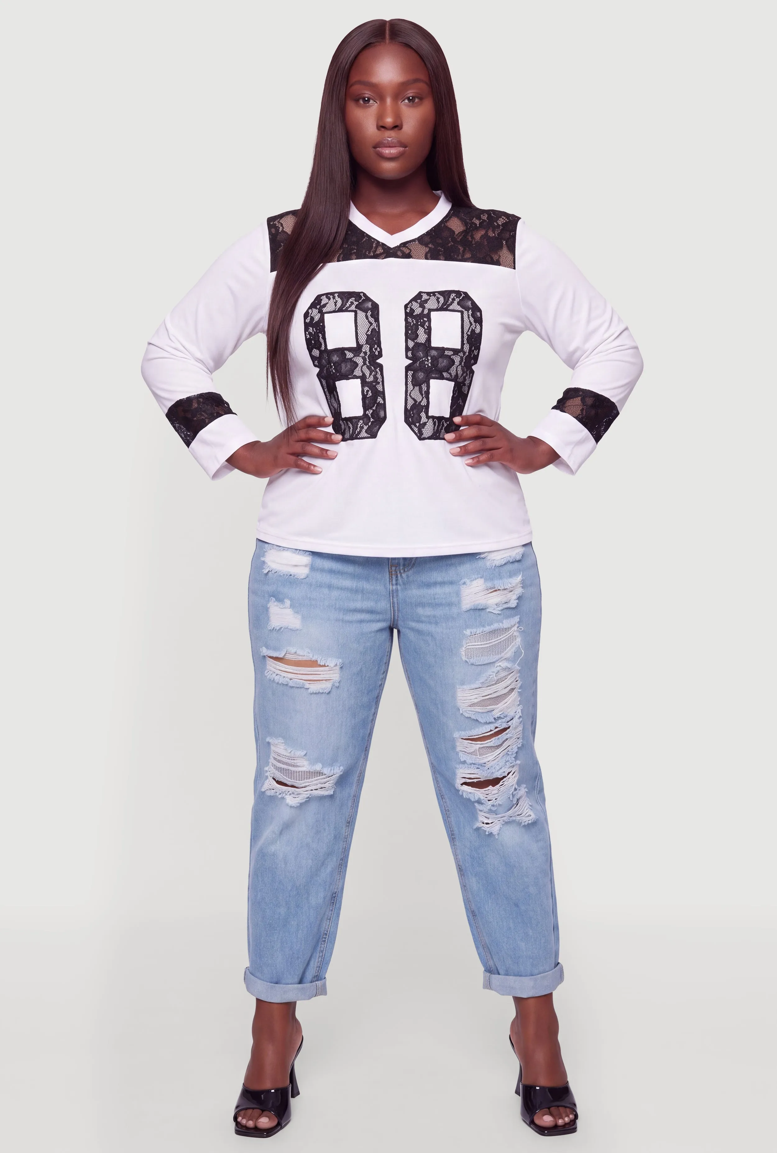 Plus Size Lace Detail 88 Varsity Graphic Long Sleeve Top sold by Rainbow product image thumbnail 2