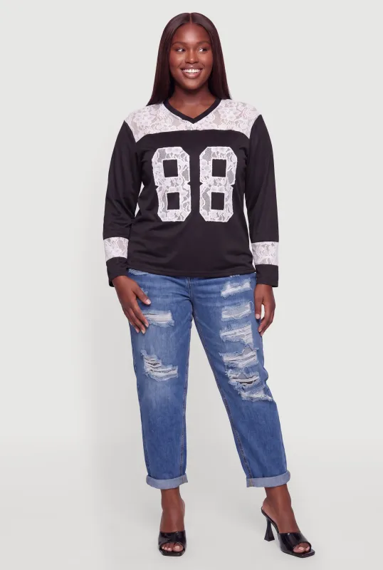 Plus Size Lace Detail 88 Varsity Graphic Long Sleeve Top made by Rainbow