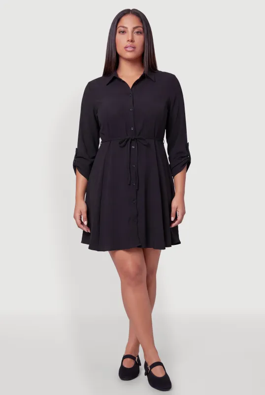 Plus Size Tie Waist Belted Button Front Shirt Dress made by Rainbow