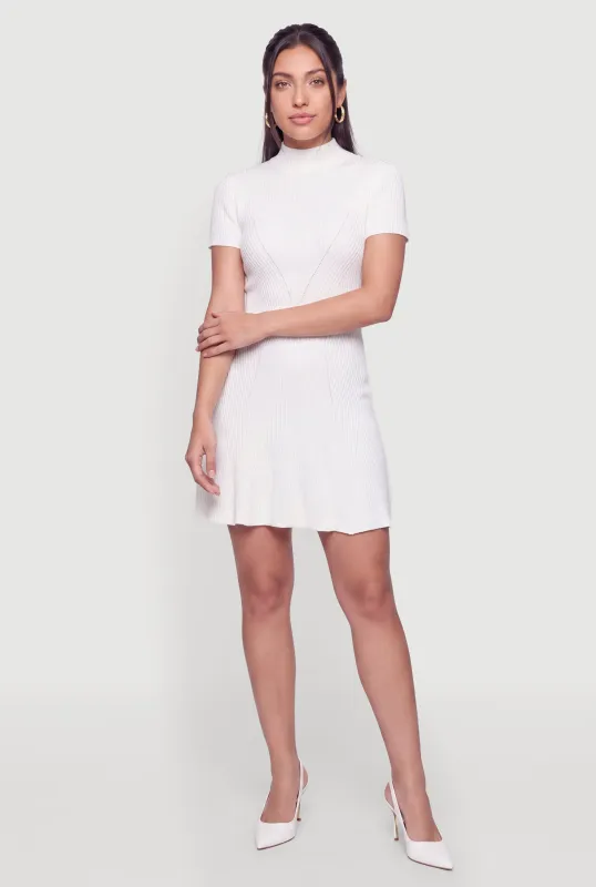 Ribbed Knit Mock Neck Short Sleeve Skater Dress made by Rainbow