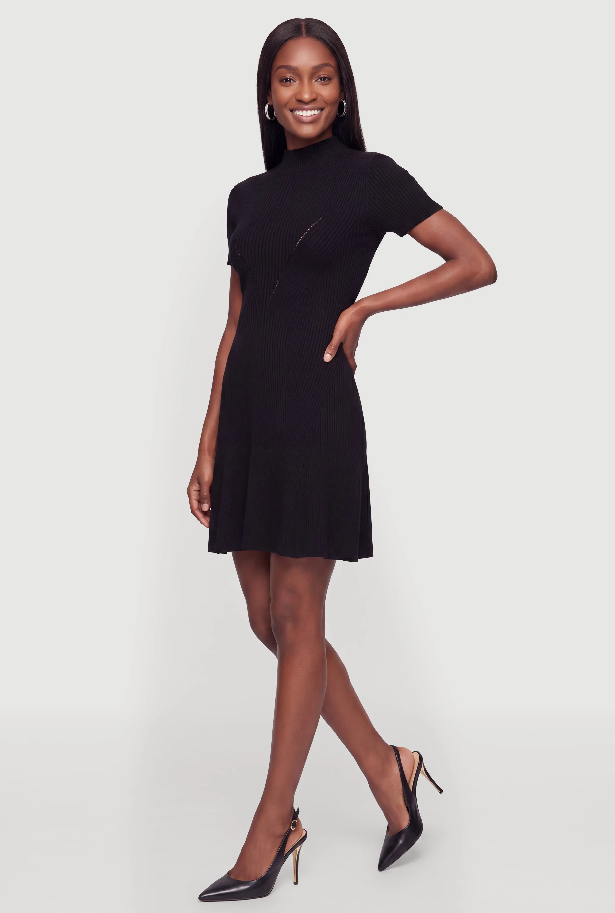 Ribbed Knit Mock Neck Short Sleeve Skater Dress sold by Rainbow product image thumbnail 2