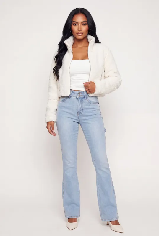 Faux Leather Detail Zip Front Sherpa Jacket made by Rainbow