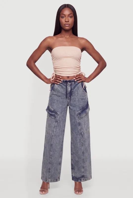 Acid Wash Wide Leg Drawstring Waist Cargo Jeans made by Almost Famous