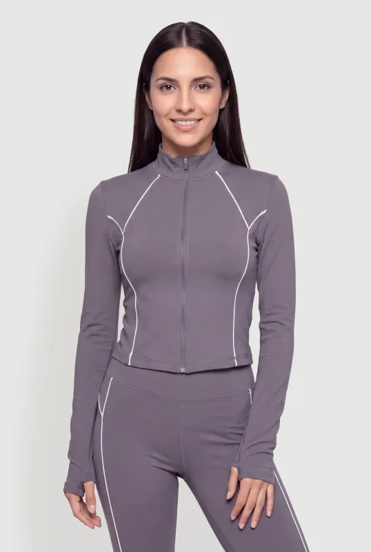Contrast Piping Zip Up Active Jacket with Thumb Holes made by Rainbow