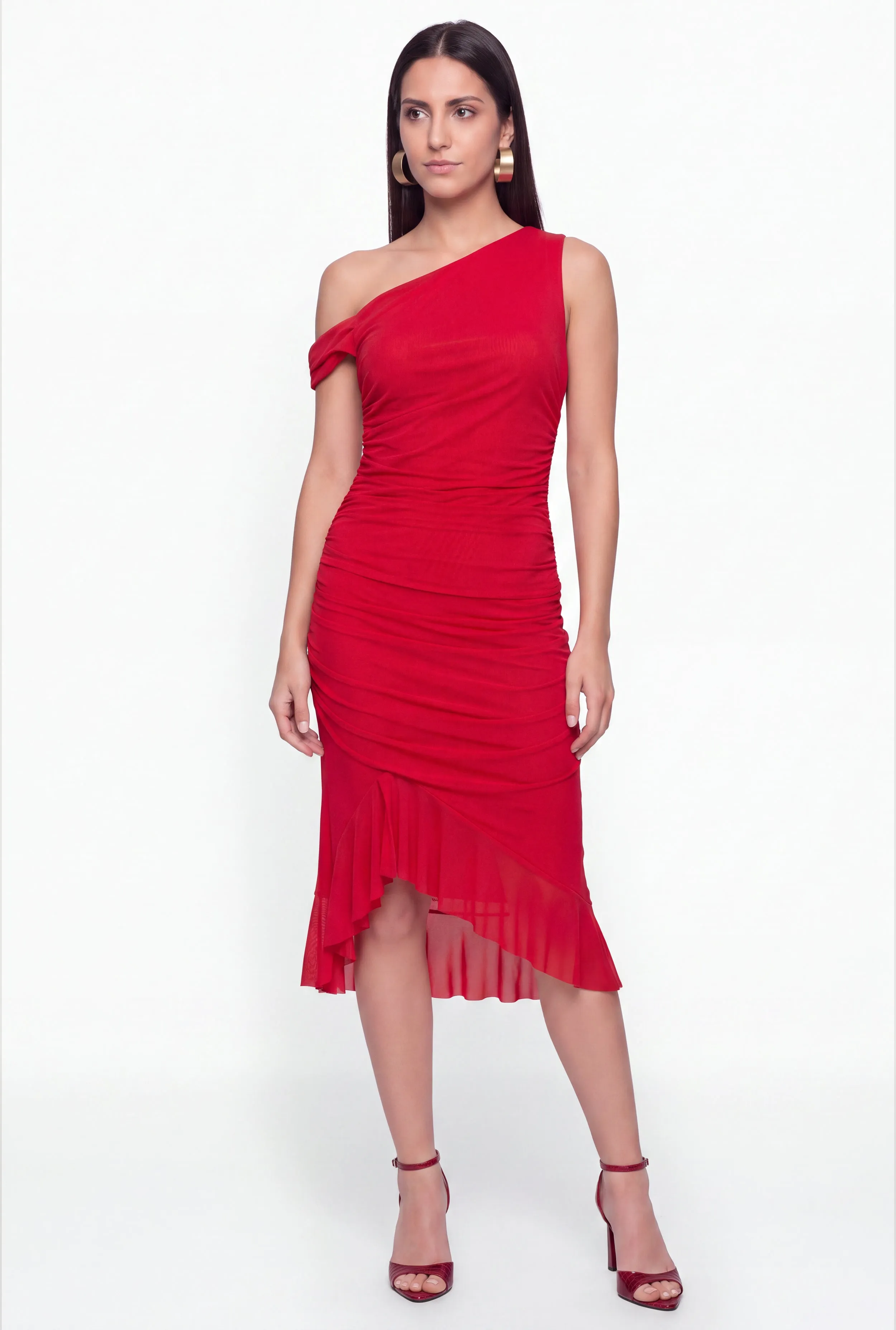 Mesh Side Ruched One Shoulder Asymmetrical Hem Midi Dress sold by Rainbow product image thumbnail 2