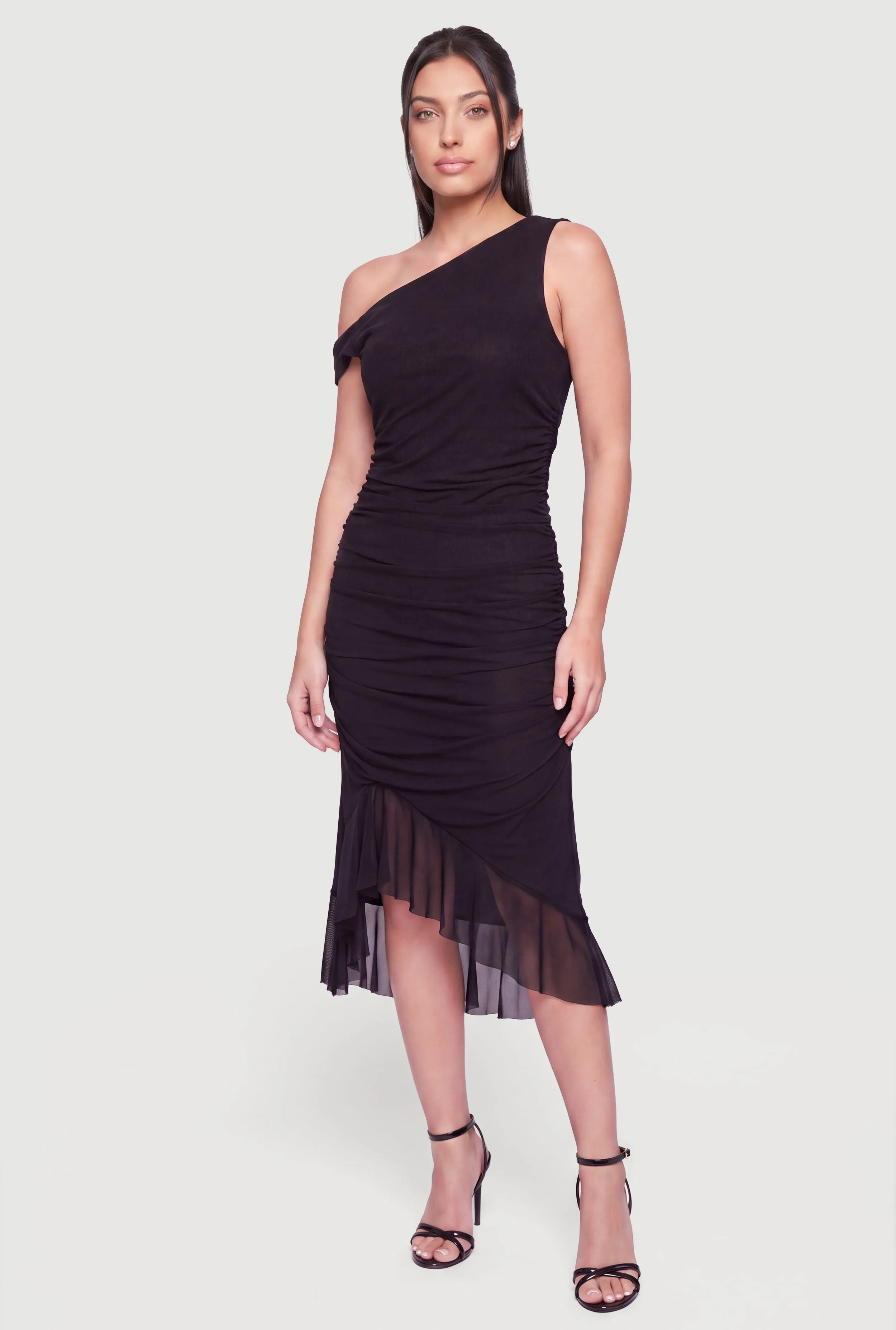 Mesh Side Ruched One Shoulder Asymmetrical Hem Midi Dress sold by Rainbow product image thumbnail 3