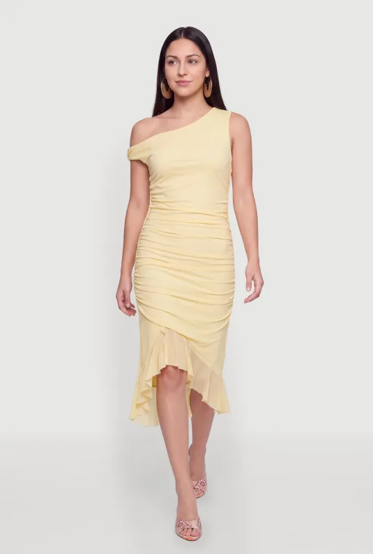 Mesh Side Ruched One Shoulder Asymmetrical Hem Midi Dress made by Rainbow