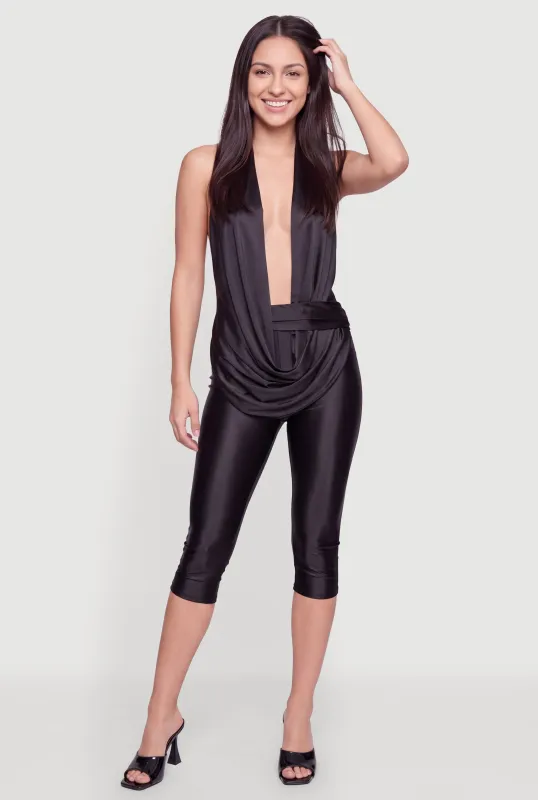 Asymmetrical Plunge Halter Neck Capri Jumpsuit made by Rainbow