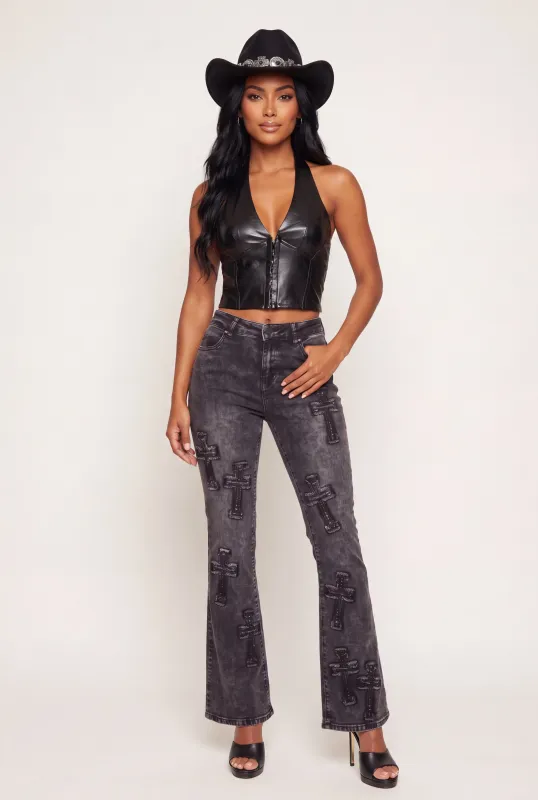 Faux Leather Lace Up Back Bustier Halter Top made by Rainbow