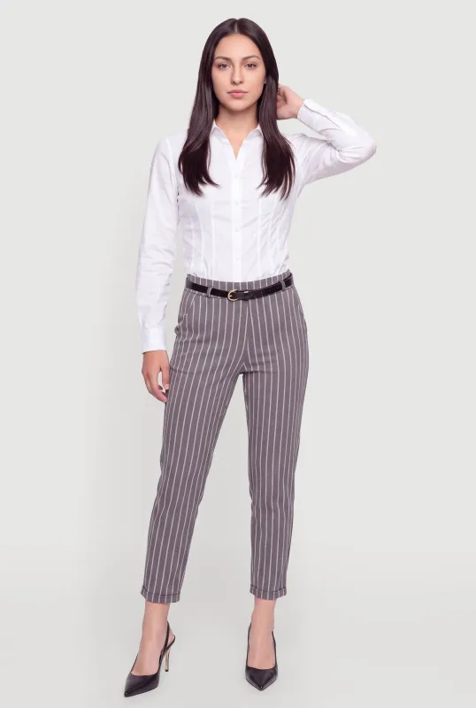 Pinstripe Slim Leg Dress Pants with Belt made by Rainbow