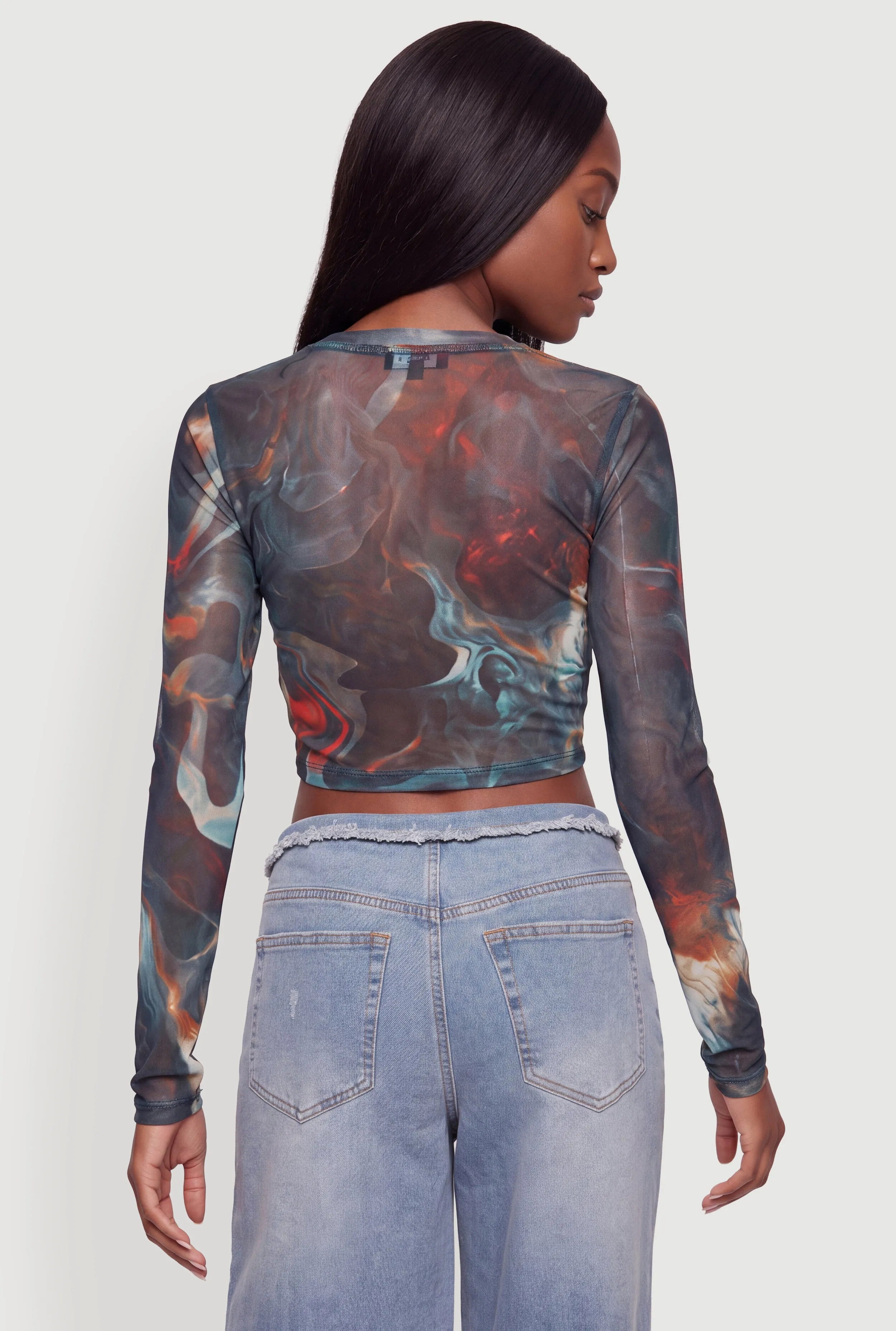 Printed Mesh Long Sleeve Crop Top sold by Rainbow product image thumbnail 5