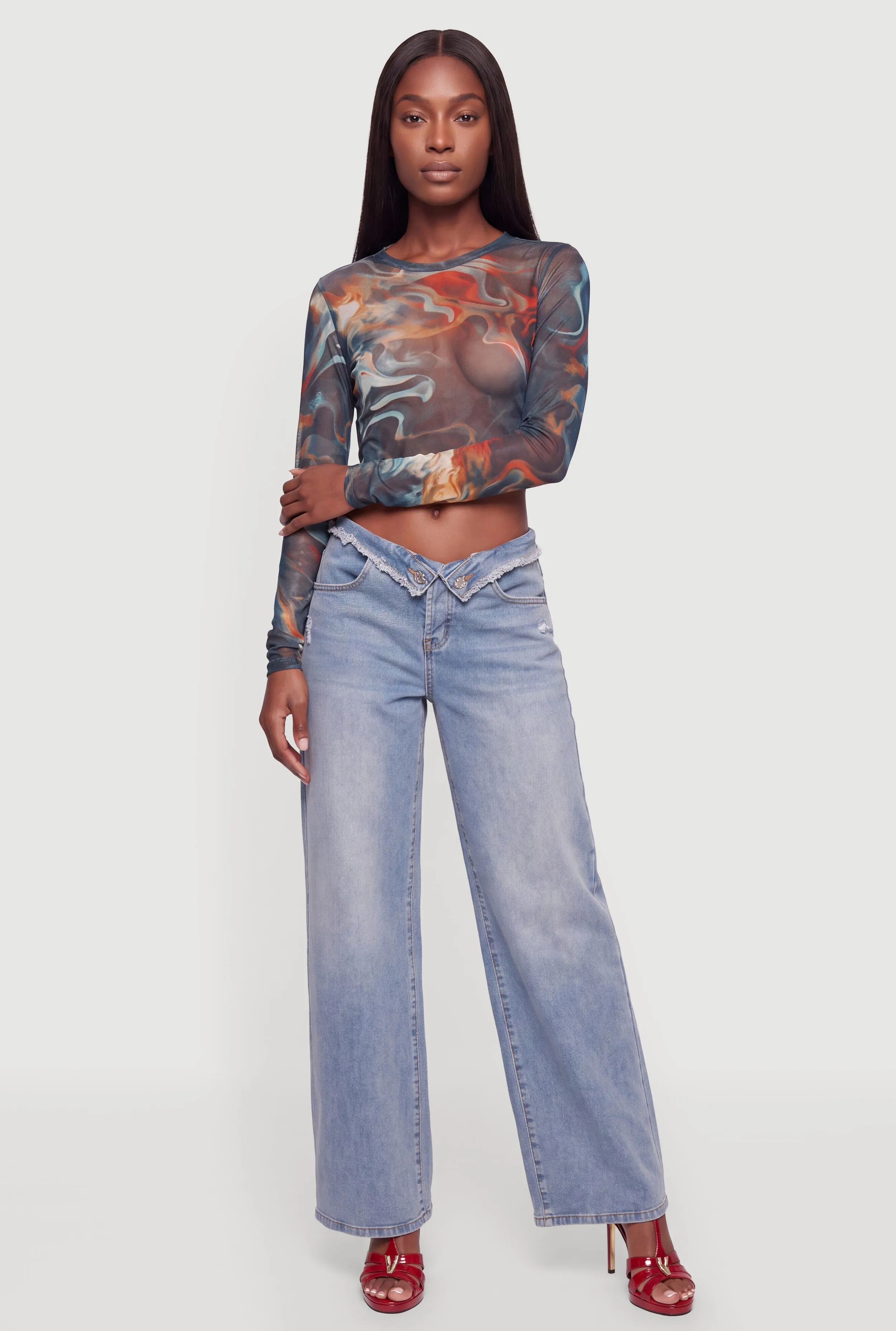 Printed Mesh Long Sleeve Crop Top sold by Rainbow product image thumbnail 2