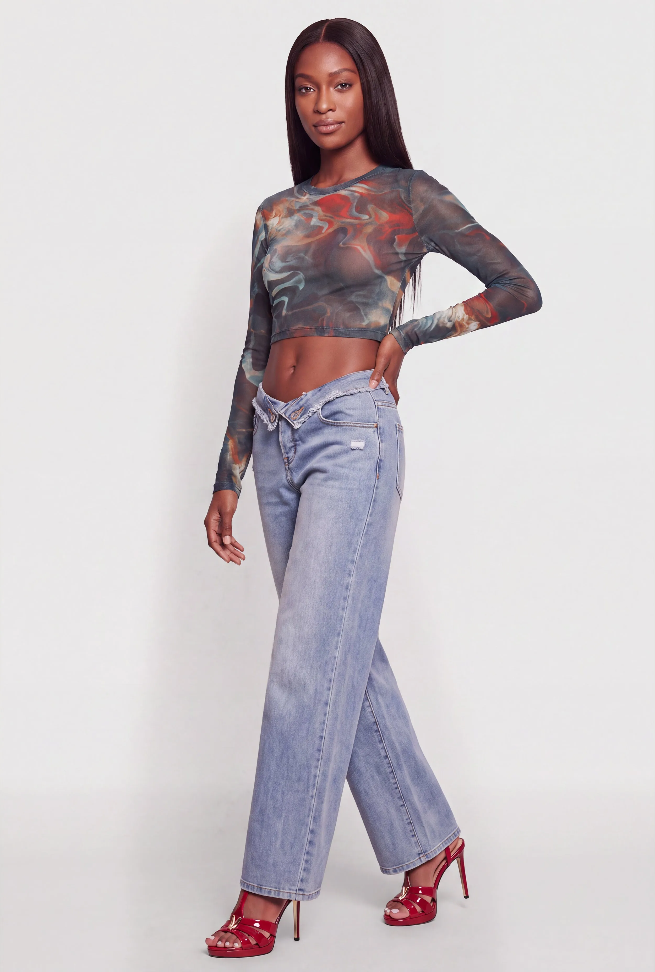 Printed Mesh Long Sleeve Crop Top sold by Rainbow product image thumbnail 3