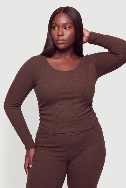 Plus Size Side Ruched Long Sleeve  Scoop Neck Top made by Almost Famous