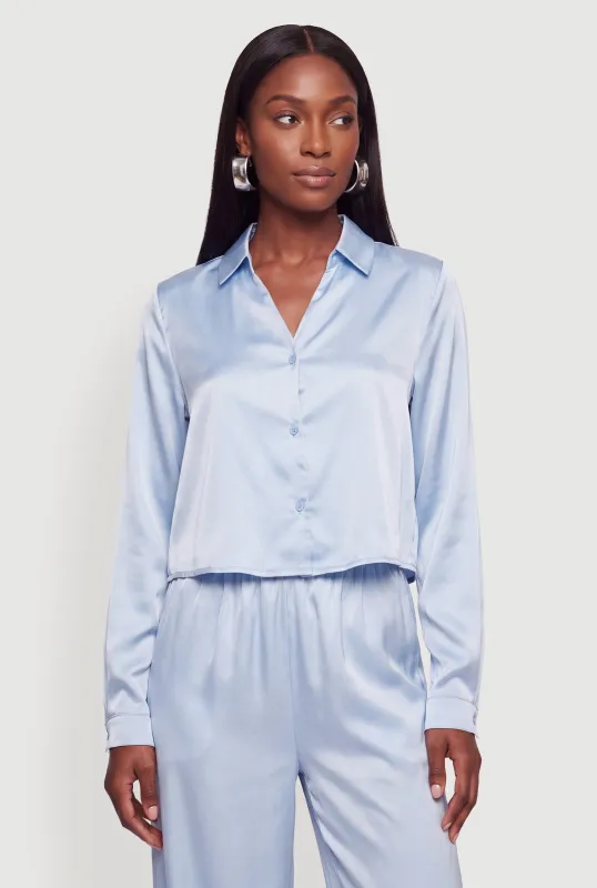 Satin Long Sleeve Button Front Boxy Shirt made by Haute Monde
