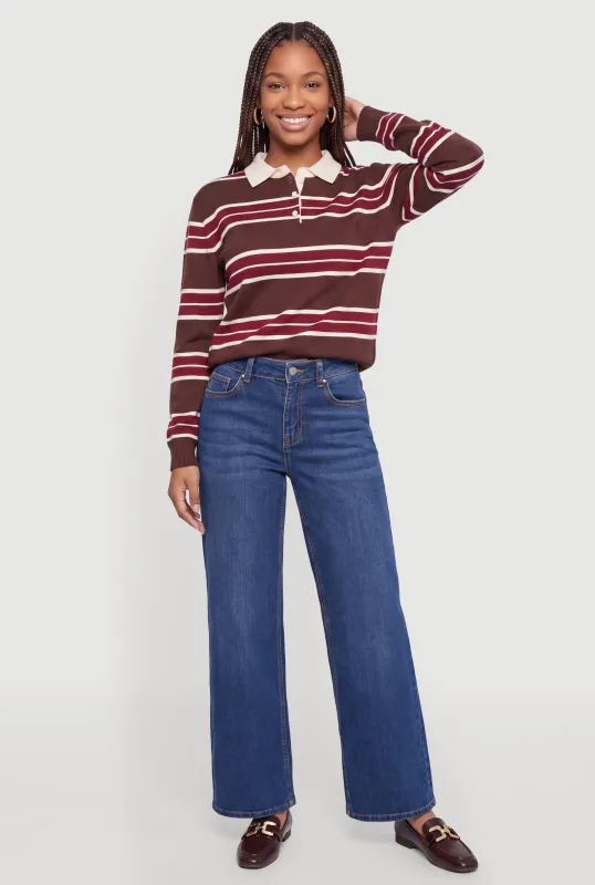 Striped Long Sleeve Button Front Polo Shirt made by Rainbow