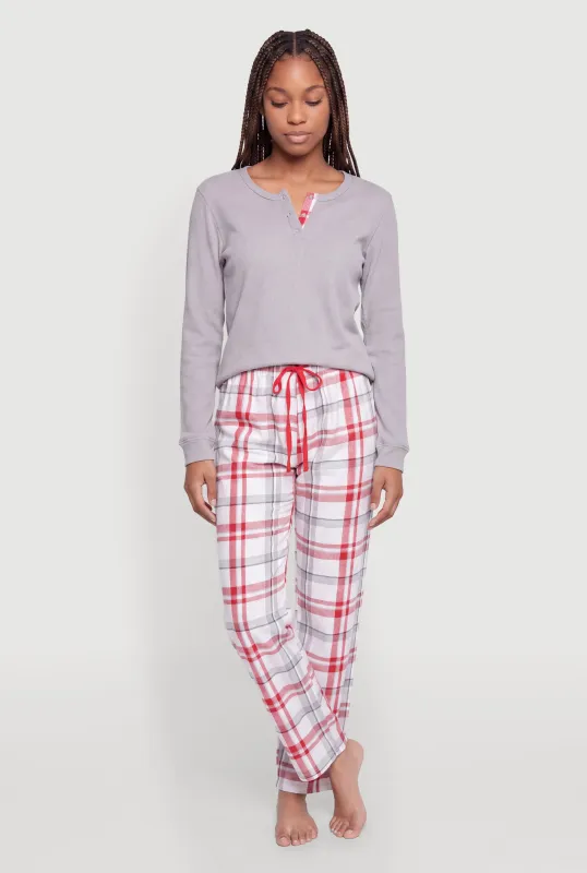 Waffle Knit Pajama Top and Plaid Flannel Lounge Pants made by Rainbow