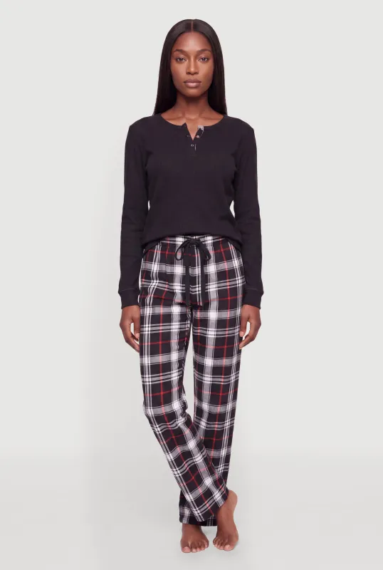 Cozy Waffle Knit Pajama Top and Plaid Flannel Lounge Pants made by Rainbow