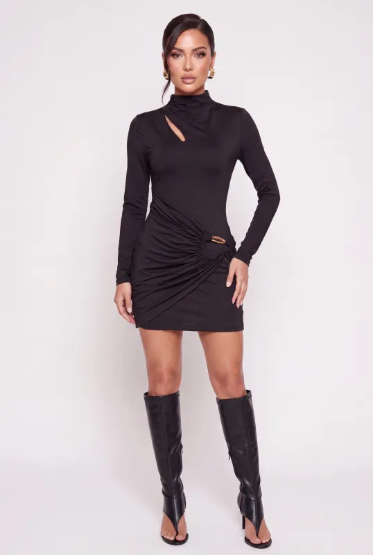 Ruched Metallic Detail Cutout Mock Neck Mini Dress made by Rainbow