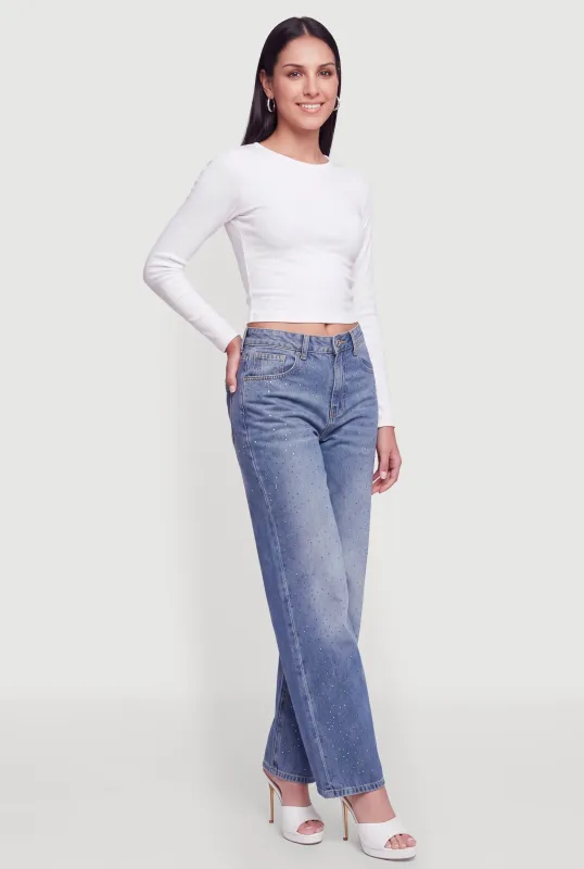Rhinestone Mid Rise Wide Leg Jeans made by Rainbow