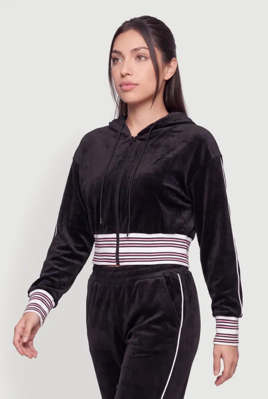 Velour Contrast Trim Zip Front Hoodie made by Rainbow