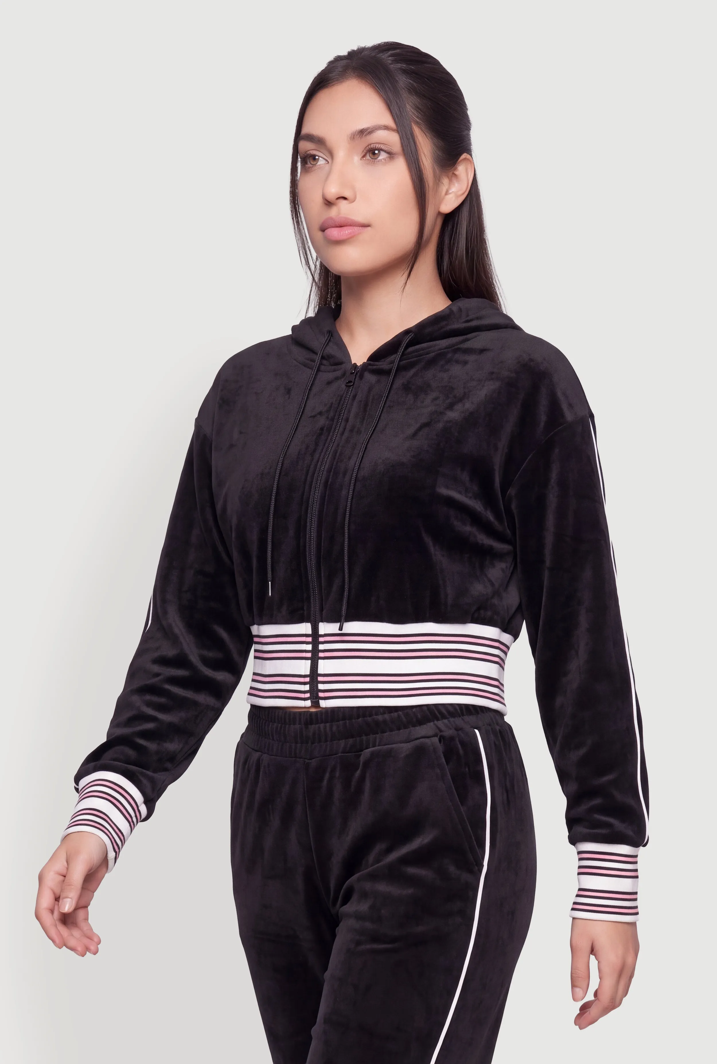 Velour Contrast Trim Zip Front Hoodie sold by Rainbow