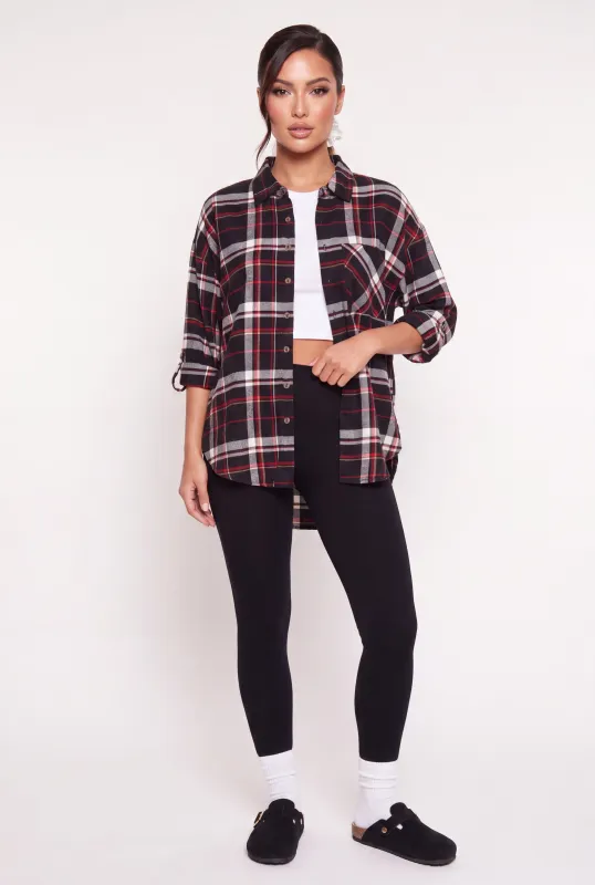 Plaid Button Front Roll Tab Sleeve Shirt made by Ambiance