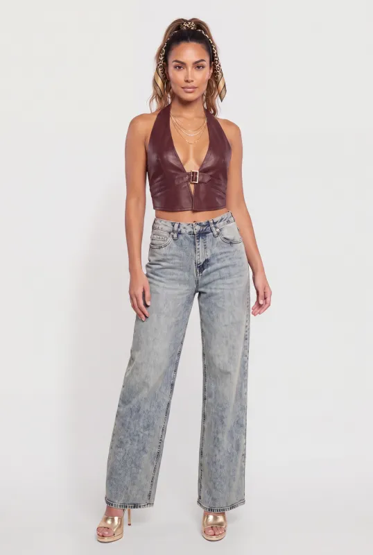 Buckle Front Faux Leather Halter Crop Top made by Rainbow