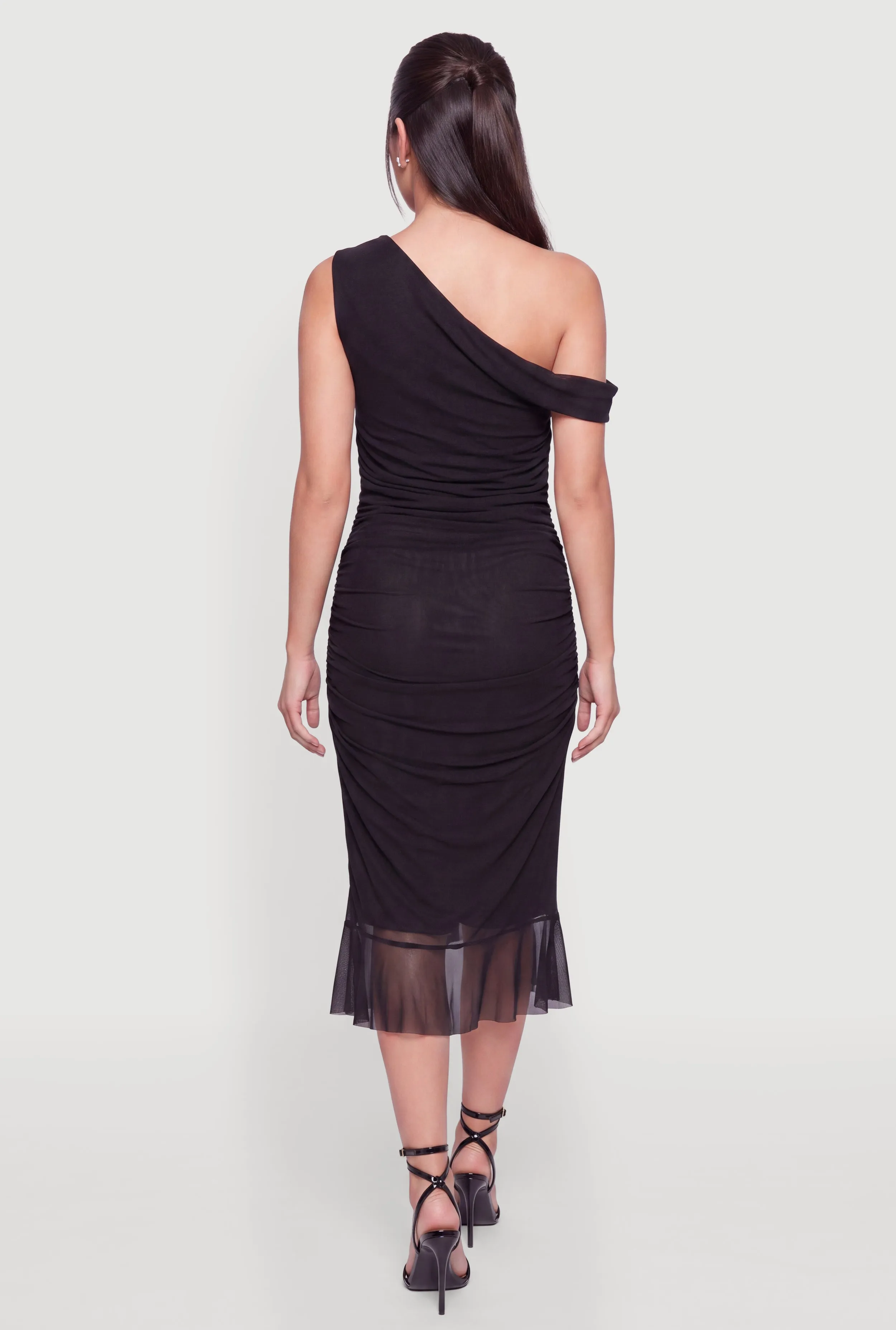 Mesh Side Ruched One Shoulder Asymmetrical Hem Midi Dress sold by Rainbow product image thumbnail 3
