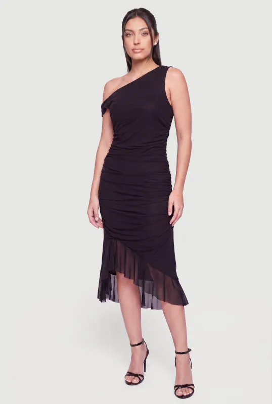 Mesh Side Ruched One Shoulder Asymmetrical Hem Midi Dress made by Rainbow