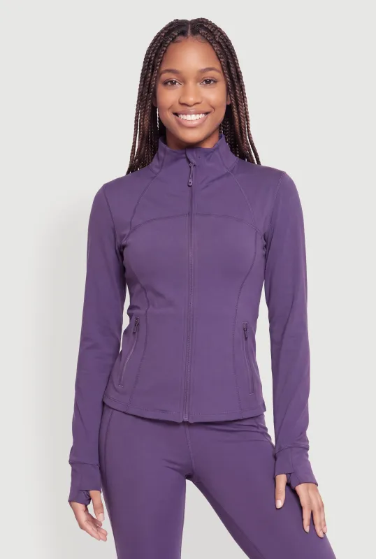 Mock Neck Zip Front Active Jacket with Thumb Holes made by Rainbow