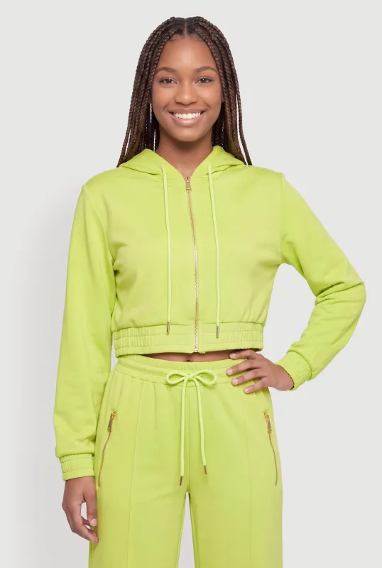 Cropped Zip Front Drawstring Hood Track Jacket made by Rainbow