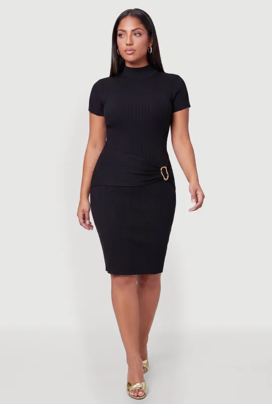 Plus Size Metallic Detail Short Sleeve Sweater Dress made by Rainbow