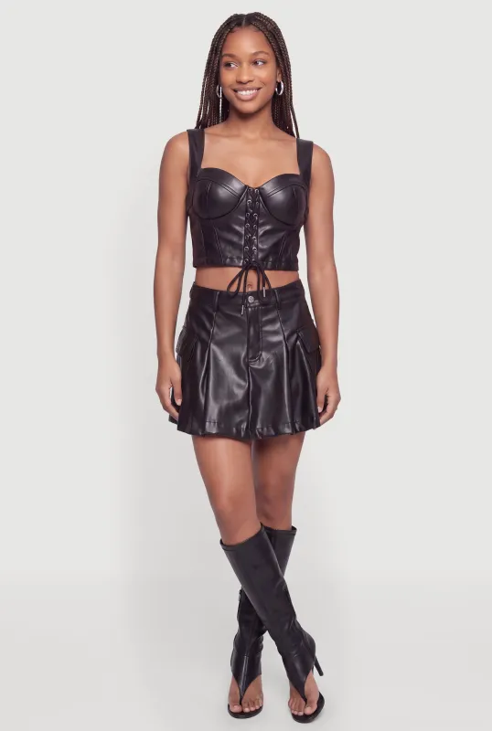 Faux Leather Pleated Mini Skirt with Cargo Pockets made by Rainbow