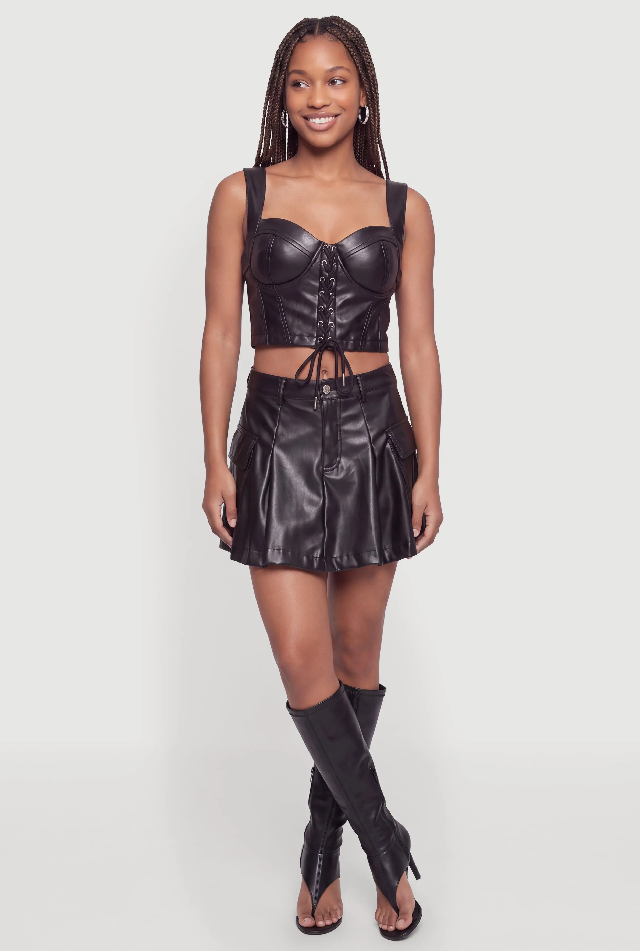 Faux Leather Pleated Mini Skirt with Cargo Pockets sold by Rainbow