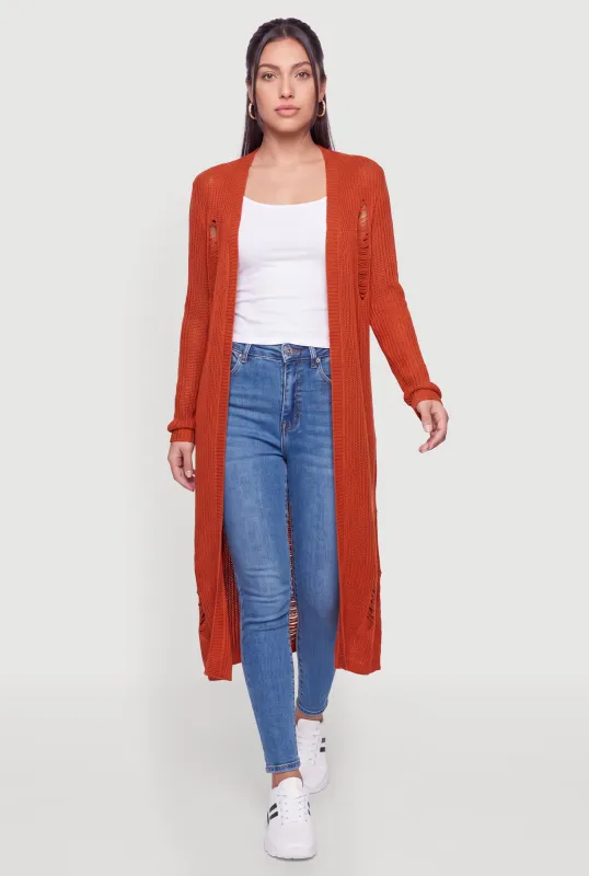 Distressed Open Front Long Cardigan made by Rainbow