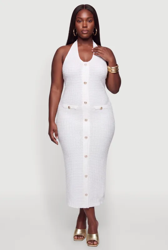 Plus Size Textured Knit Faux Button Front Halter Dress made by Rainbow