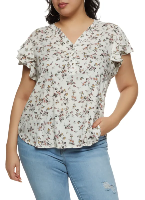 Plus Size Floral Print Flutter Sleeve Blouse sold by Rainbow