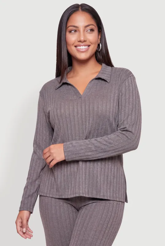 Plus Size Brushed Ribbed Knit Johnny Collar Long Sleeve Top made by Rainbow