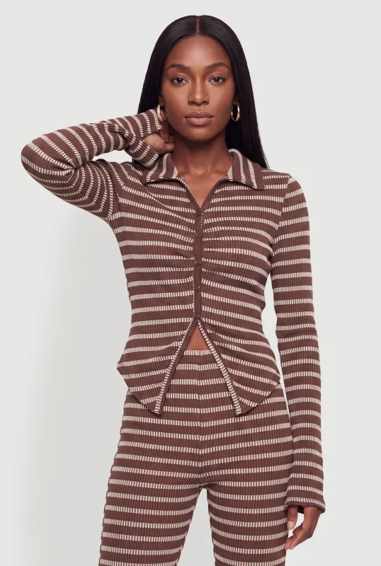 Striped Ribbed Knit Button Front Collared Top made by Rainbow