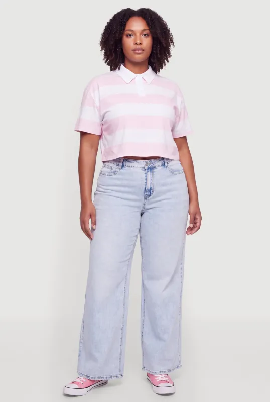 Plus Size  Striped Cropped Polo Shirt made by Rainbow