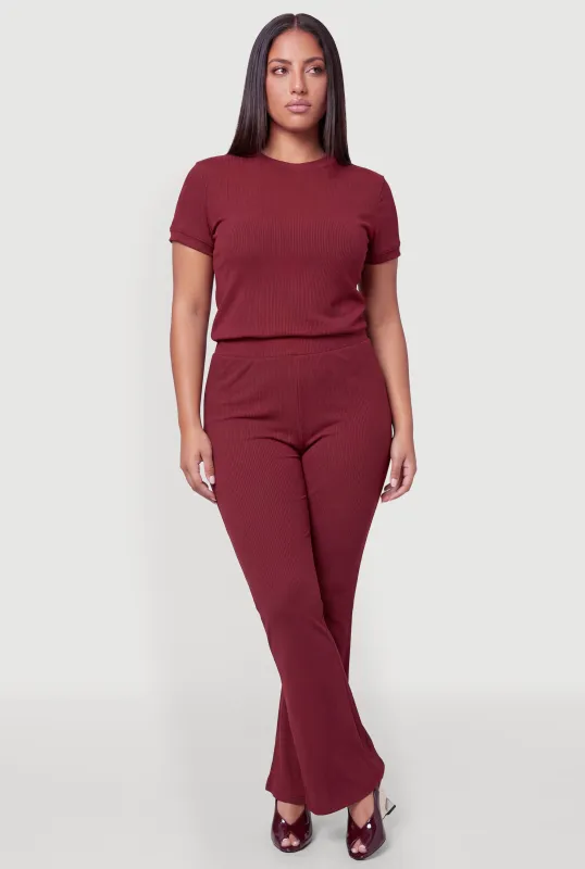 Plus Size Ribbed Knit High Waisted Flare Leg Pants made by Rainbow