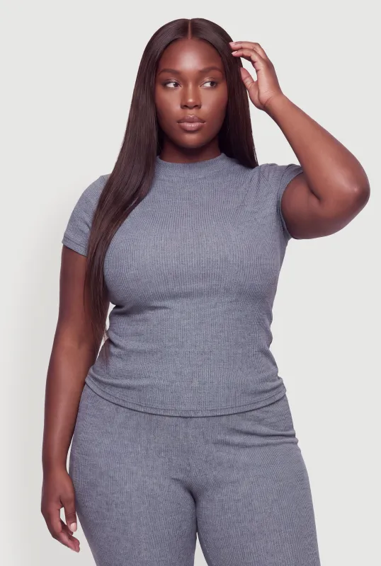 Plus Size Ribbed Knit Short Sleeve Crew Neck Top made by Rainbow