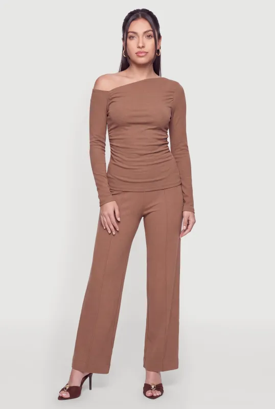 Brushed Knit Pintuck Detail Wide Leg Dress Pants made by iris