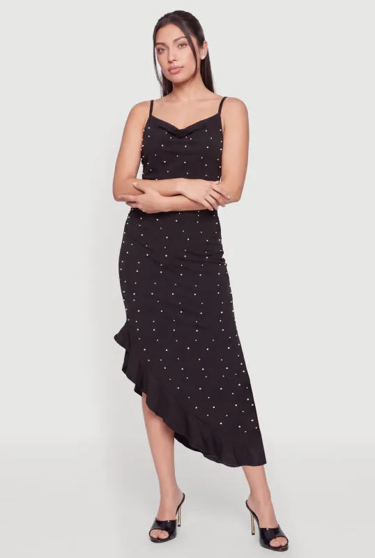 Faux Pearl Asymmetrical Ruffle Hem Midi Dress made by Haute Monde